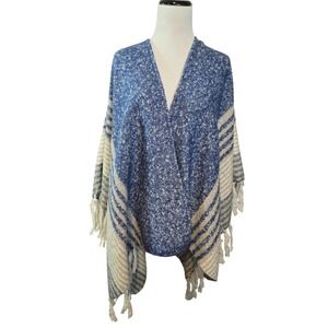 Womens Blue White Striped Open Front Fringed‎ Poncho Cape Shawl One Size New